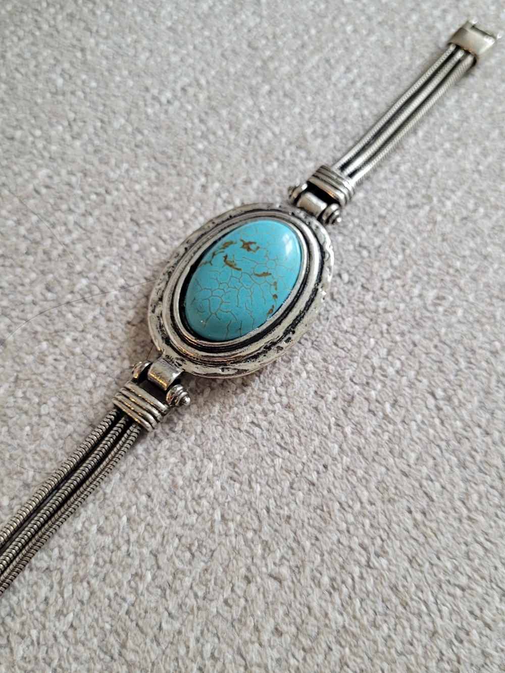 Turquoise Stone Sterling Silver Bracelet - Blue Oval Cabochon